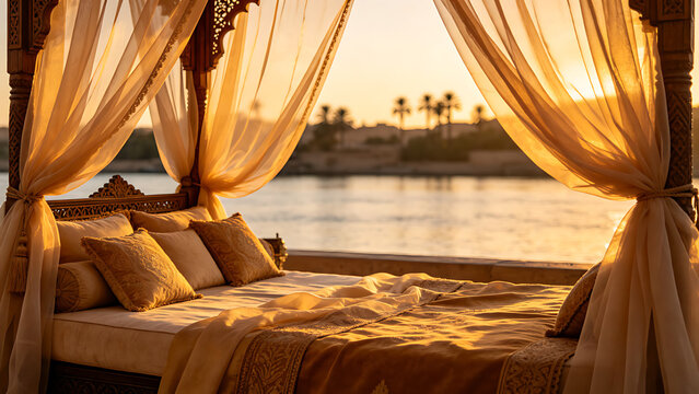 daybed. A lavish daybed with sheer fabric on a riverbank at sunset, warm golden hour light, serene. inspiring travel planning.