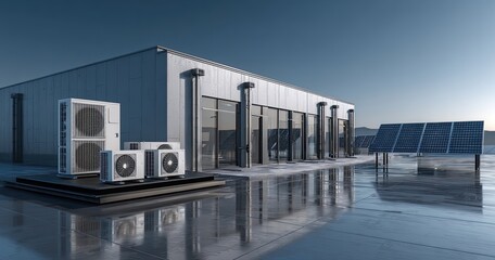 Fototapeta premium Modern building with rooftop HVAC units and solar panels under a clear sky