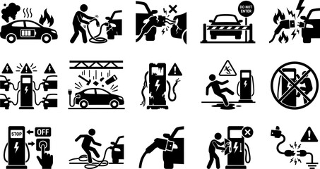 Obraz premium Electrical Vehicle and Road Safety Warning Silhouette Collection