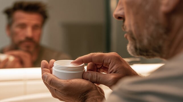 A man scooping pomade from a plain white blank jar to warm between his palms with the blank front facing the camera.