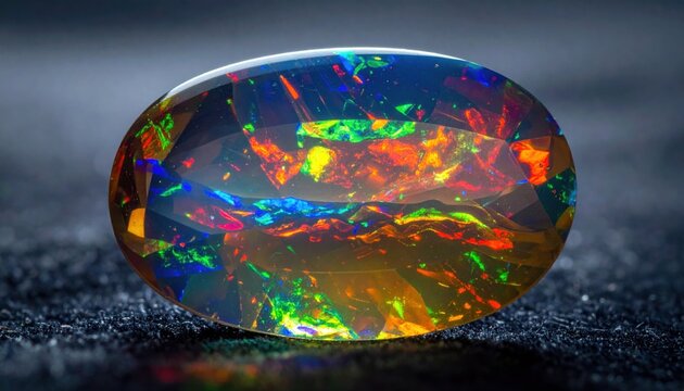 Polished oval black opal gemstone showcasing vibrant play of color with fiery orange red green and blue flashes