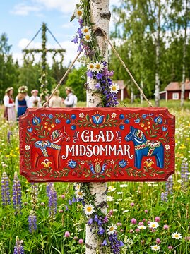 Glad Midsommar Wooden Sign With Dala Horses, Flowers and Maypole in Swedish Summer Meadow