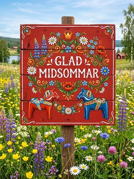 Glad Midsommar Wooden Sign With Dala Horses, Flowers and Maypole in Swedish Summer Meadow
