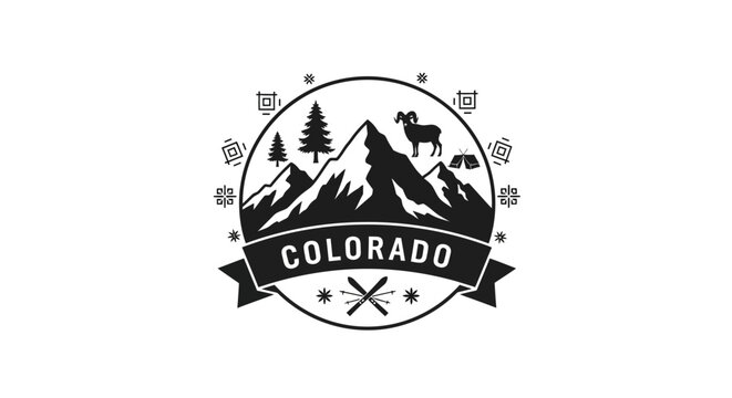 Colorado mountain badge logo design with bighorn sheep and pine trees.