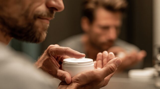 A man scooping pomade from a plain white blank jar to warm between his palms with the blank front facing the camera.