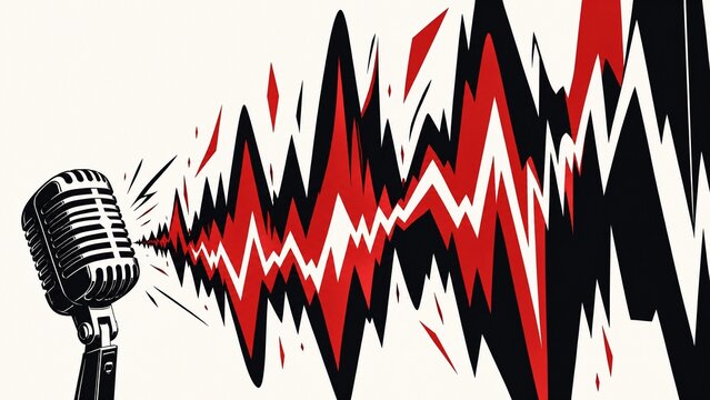 exaggerated. A stylized, distorted sound wave pattern visualized in front of a microphone. STEM education sheets, lab safety posters, designed for STEM education and laboratory safety posters.