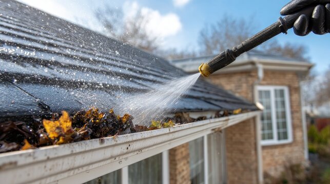 Close-up of water spraying debris from clogged roof gutter with tiled roof