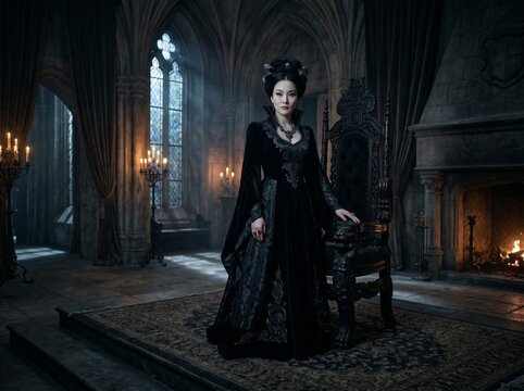 Elegant vampire queen standing in a dark gothic castle throne room wearing a luxurious black gown