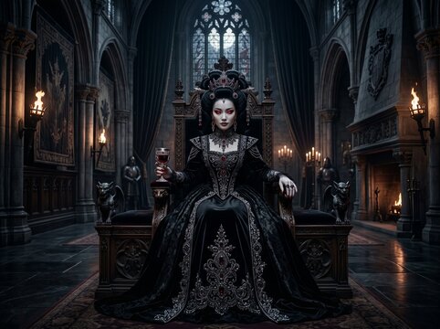 Gothic queen sitting on a dark throne holding a red wine glass in a castle hall