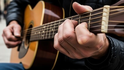 Obraz premium Close up of a street musician playing acoustic guitar.