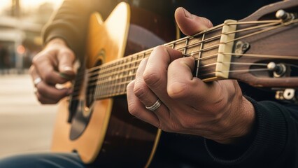 Obraz premium Musician playing an acoustic guitar outdoors in warm light.