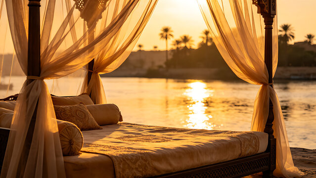 daybed. A lavish daybed with sheer fabric on a riverbank at sunset, warm golden hour light, serene. inspiring travel planning.