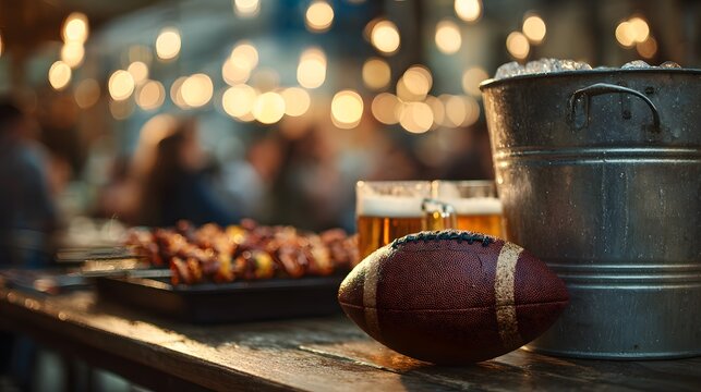 Football game day spread with beer and barbecue on a rustic table