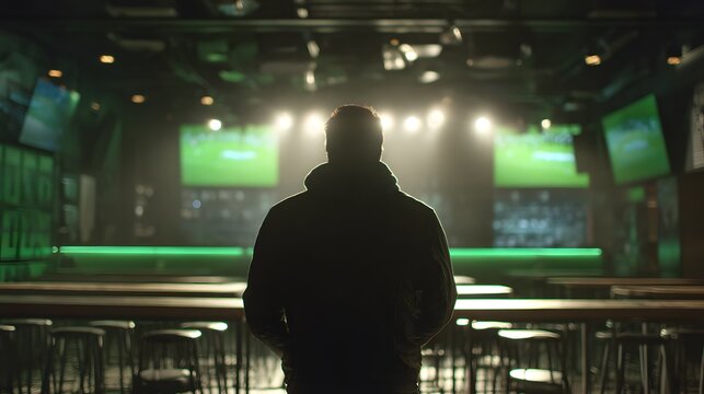Man standing alone in a dimly lit sports bar with screens showing games