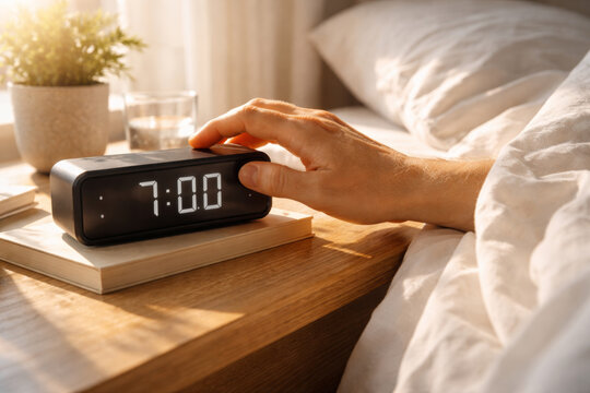 Person turning off alarm clock at 700 am in bedroom