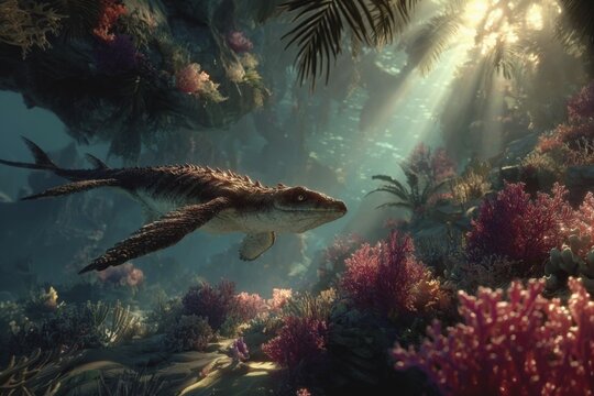 A dinosaur, underwater dinosaur, pliosaur swims through a colourful underwater world with sunbeams and corals, AI generated, AI generated