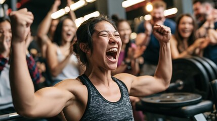 Naklejka premium A young woman screaming in triumph after a bench press personal record with diverse friends cheering around her in a gym.