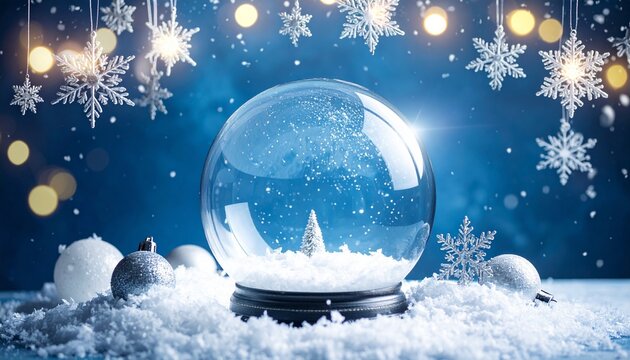 A festive snow globe sitting on a snowy surface surrounded by glowing hanging snowflake ornaments and blurred bokeh golden festive lights.