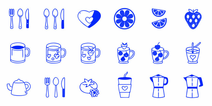 Caf Line Art Icons Set Blue Outline Style
