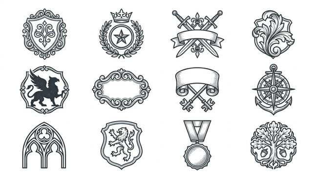 Collection of vintage heraldic emblems and crests.
