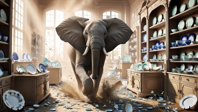 An elephant in a china shop, symbolic image crockery, clumsy, clumsy, clumsy, tactless, broken, destruction, clumsy, undiplomatic, rude, disrespectful, insensitive, AI generated, AI generated