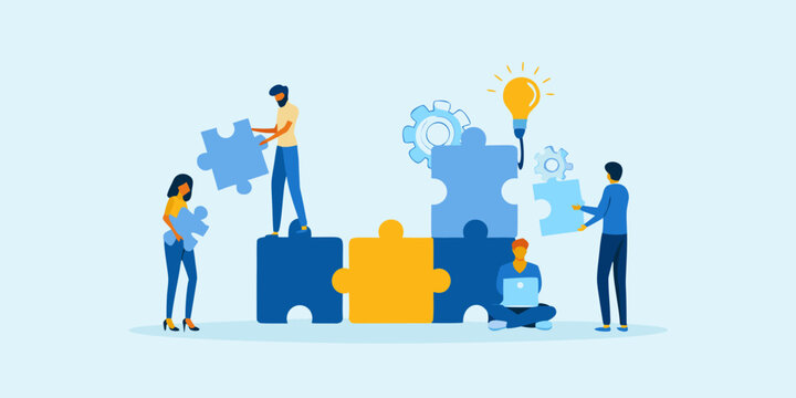Teamwork illustration with puzzle pieces and lightbulb concept