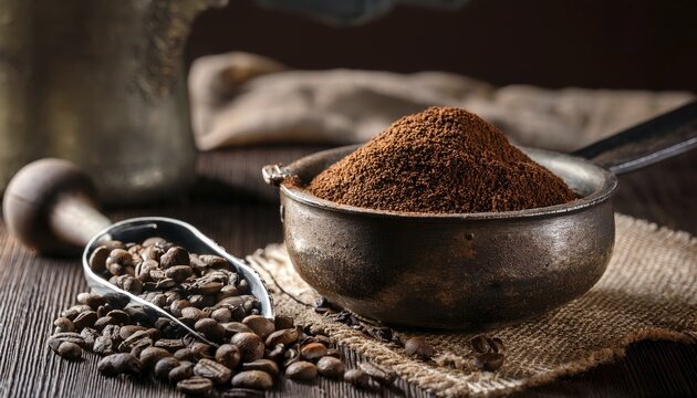 Ground coffee in Kelle, morning still life, golden hour light, AI generated