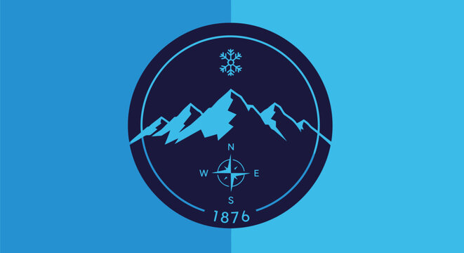 Circular mountain emblem with compass and snowflake icon.