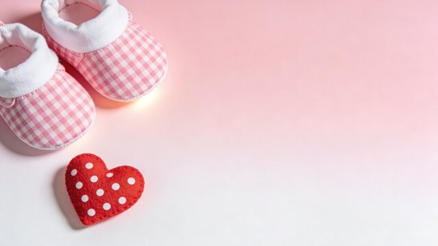 A baby's pink gingham shoes and a red heart-shaped object lie on a surface.