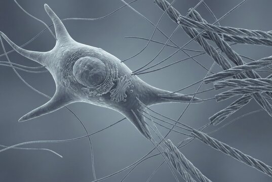 Looking into the deep dermis: An active fibroblast cell produces fresh collagen triple helices to renew the skin's structural network. Anti-aging science. Dermatology, cosmetic research, anti-aging, gerontology, longevity research, immunology, AI generated
