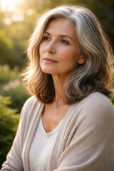 Fototapeta premium Thoughtful mature woman enjoying nature in soft sunlight