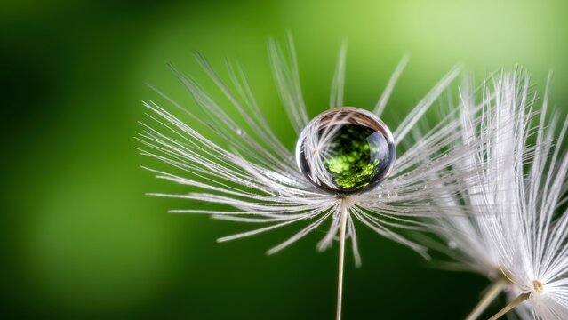 Macro of a water drop reflecting on a dandelion pappus.