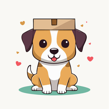 Cute cartoon dog wearing a cardboard box on its head