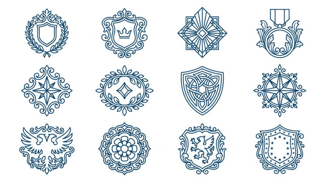 Collection of ornate heraldic crests and emblems in a linear style.