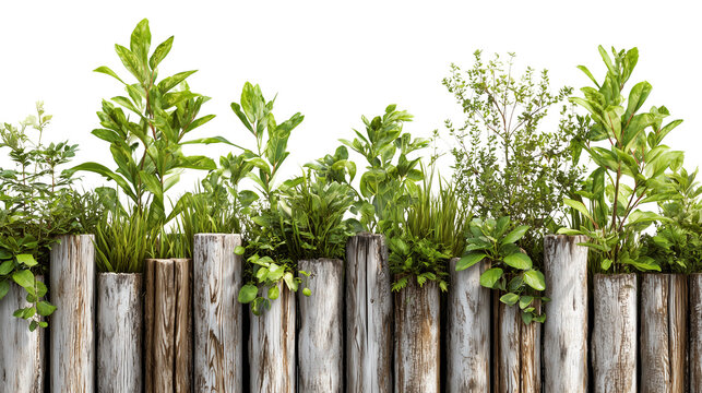 Variety of green plants growing through a weathered wooden fence isolated on transparent background