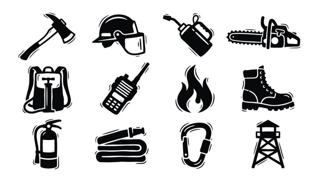 Firefighter equipment and emergency response icon set for safety training and forest protection