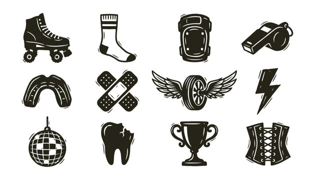 Vintage roller derby icons featuring roller skate and athletic gear for sports branding
