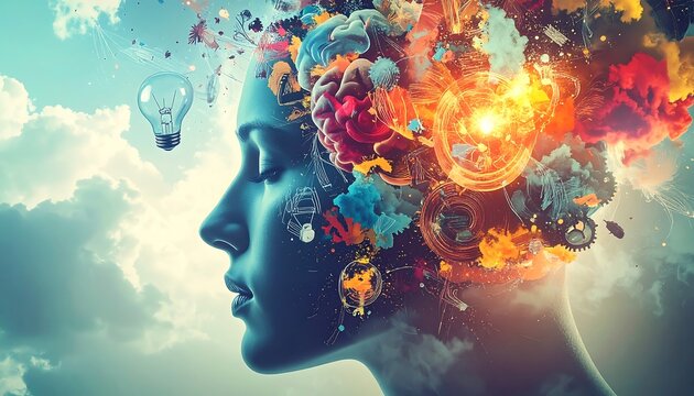 Woman's face with vibrant thoughts and colorful creative ideas exploding from her head under a cloudy sky