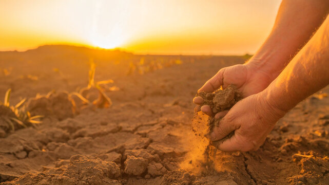 A farmer holds a clump of barren, dry soil that occurs due to drought.