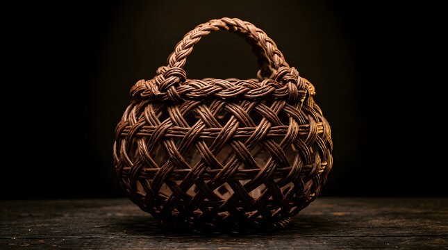 Braided Woven Basket with Handle illuminated by warm studio lighting on weathered wood surface