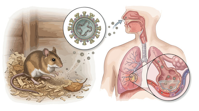 Hantavirus transmission medical illustration, zoonotic disease from rodents to human lungs, hantavirus pulmonary syndrome diagram with mouse and virus