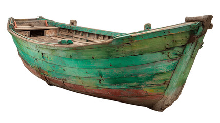 Obraz premium Old weathered green wooden boat on transparent background with chipped paint