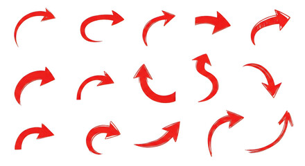 Obraz premium A collection of fifteen hand drawn red arrows with various curved shapes and directions, isolated on a solid black background