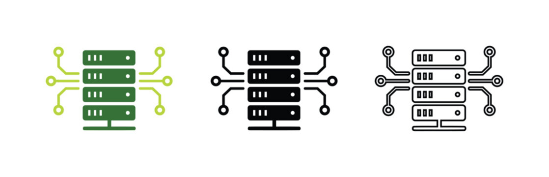 Server rack and data center icon set. Featuring cloud hosting, network nodes, and database storage for IT infrastructure.