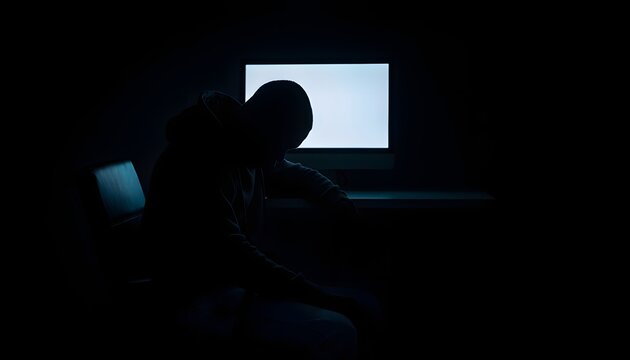Hacker Silhouette with Computer Screen in Dark Room