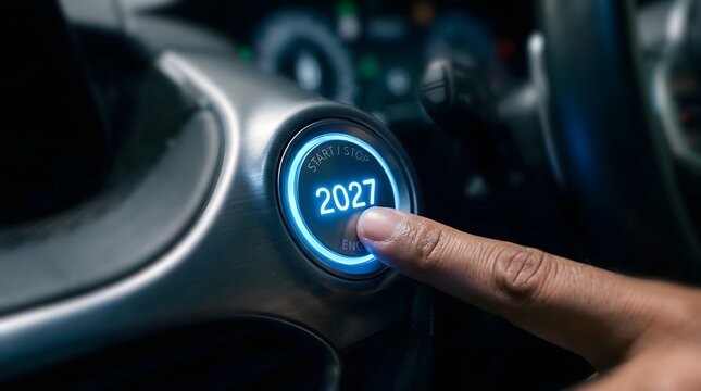 Hand pressing start button with glowing blue 2027 on a modern car dashboard