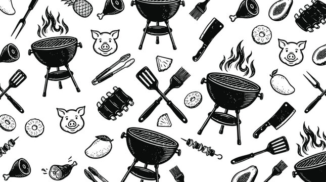 This detailed black and white illustration photograph showcases a repeating pattern of barbecue grills with flaming coals and various meat cuts including pork ribs and fruit.