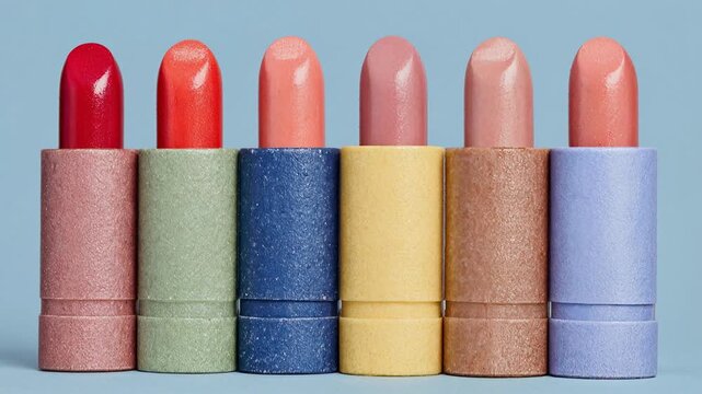 Collection of vibrant lipsticks in pastel and bold shades arranged in a row. A close-up view showcases an array of lipsticks with diverse colors and textured casings