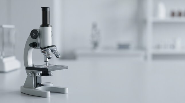 Professional optical microscope on white laboratory desk for clinical diagnostics