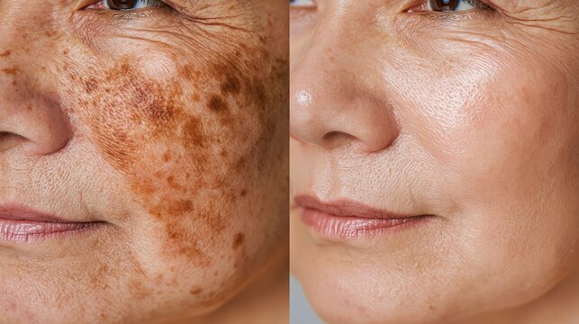 A pigmentation treatment before and after split showing dark melasma patches on the left and an even glowing uniform skin tone on the right.